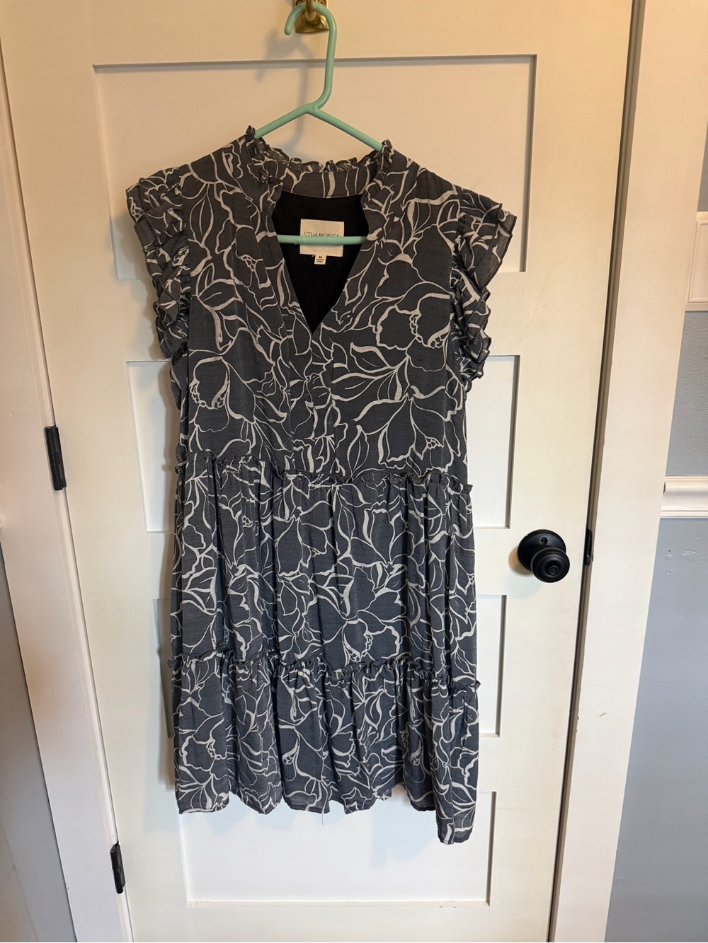 Grey Floral V-Neck Ruffle Midi Dress